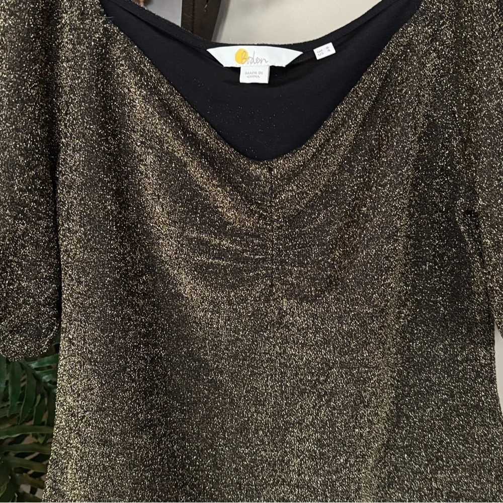 Boden Black Gold Metallic Sparkle Jersey Top Short Puff Sleeves Fitted Blouse